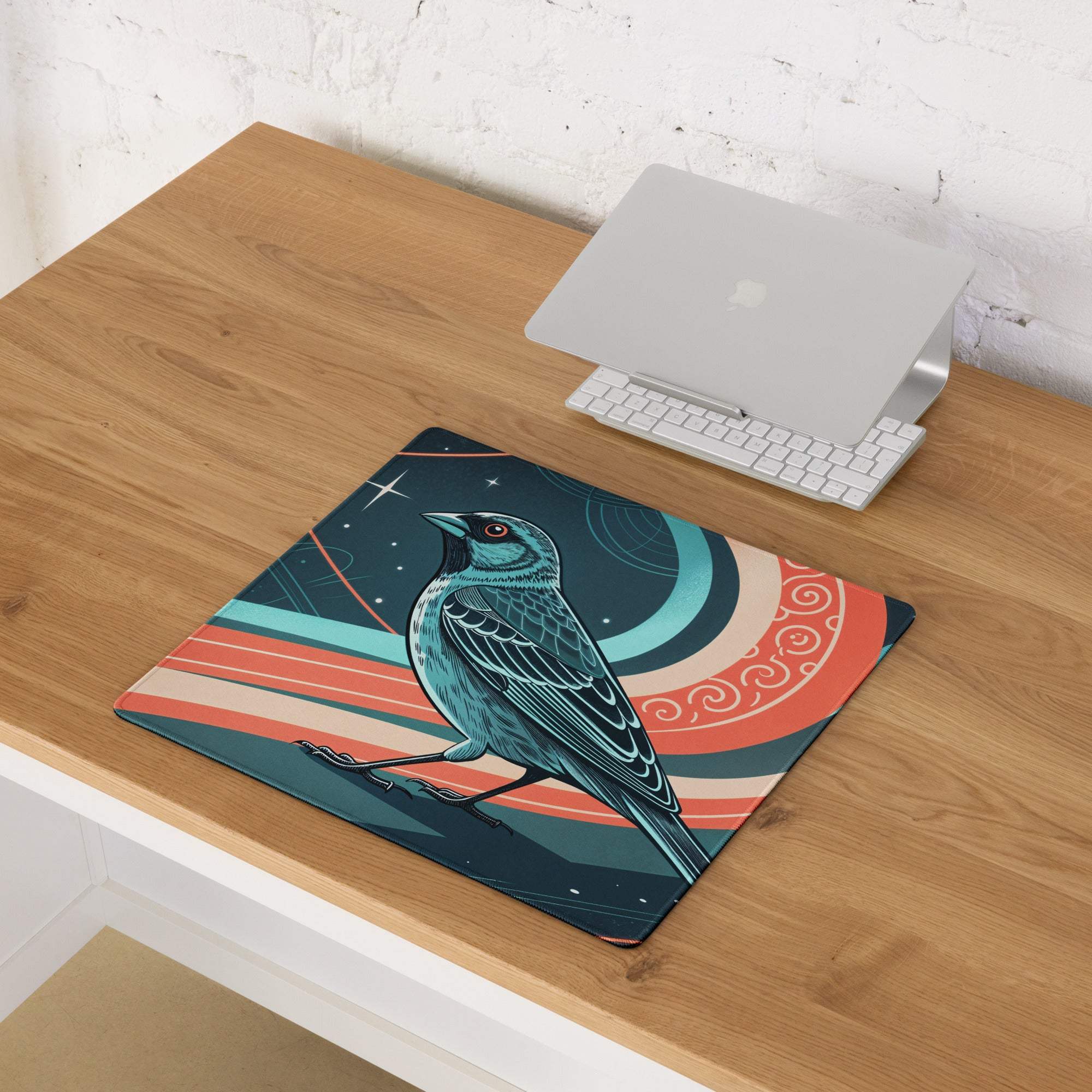 Teal bird on cosmic swirling orange red blue mousepad, artistic gaming design