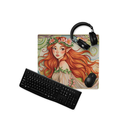 Vibrant elf with orange hair and flowers on large colorful gaming mouse pad