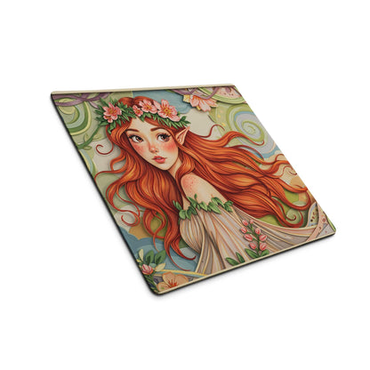 Vibrant forest fairy elf mouse pad with red hair pink flowers large non-slip