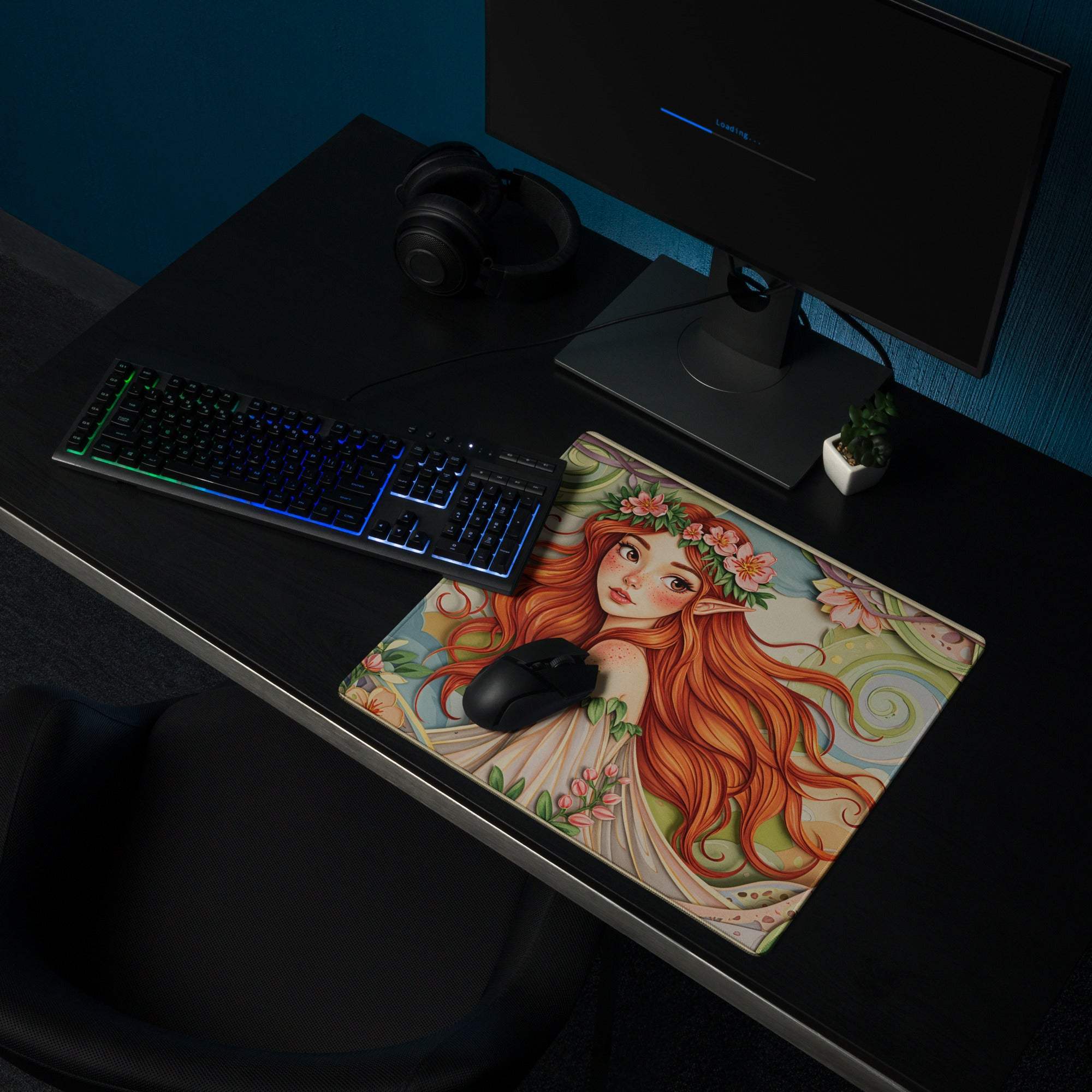Vibrant forest fairy elf woman with orange hair on large gaming mouse pad