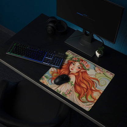 Vibrant forest fairy elf woman with orange hair on large gaming mouse pad