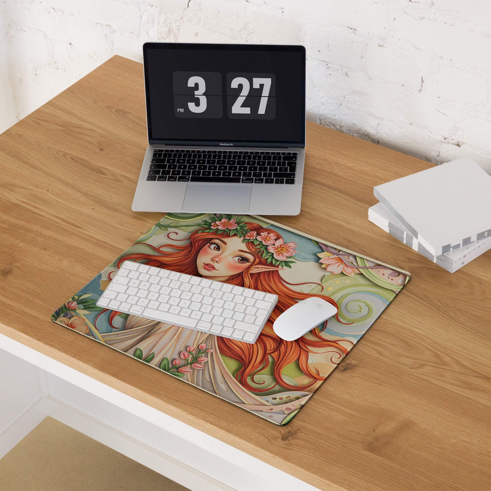 Vibrant forest fairy elf woman mouse pad with red hair floral crown