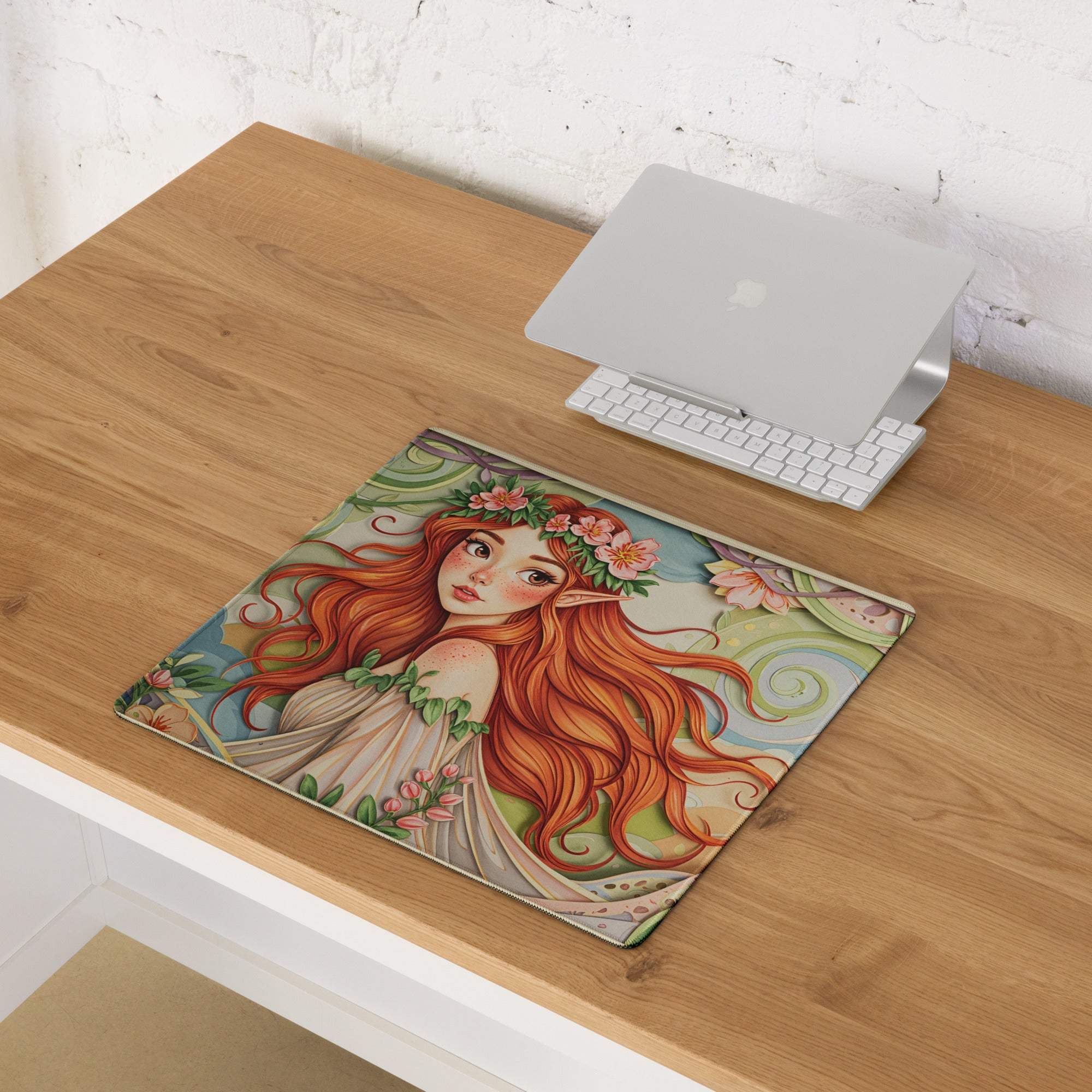 Vibrant forest fairy elf woman mouse pad with red hair and flowers