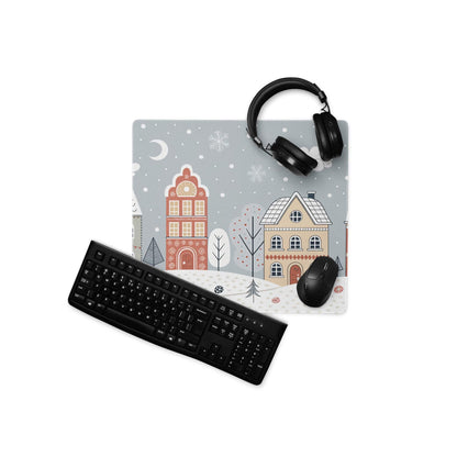 Gray winter village mousepad with snowy blue houses, snowflakes, moon, non-slip base