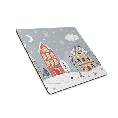 Winter Village square coaster with snowy houses, moon on gray background
