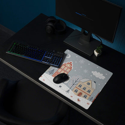Winter Village cozy snowy blue gaming mouse pad with village illustration