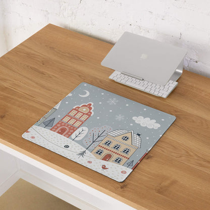 Winter Village gray snowy blue gaming mouse pad with houses, snowflakes, moon, bird