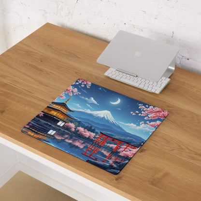 Anime Sakura Night mousepad with vibrant pink Fuji, pagoda, blossoms