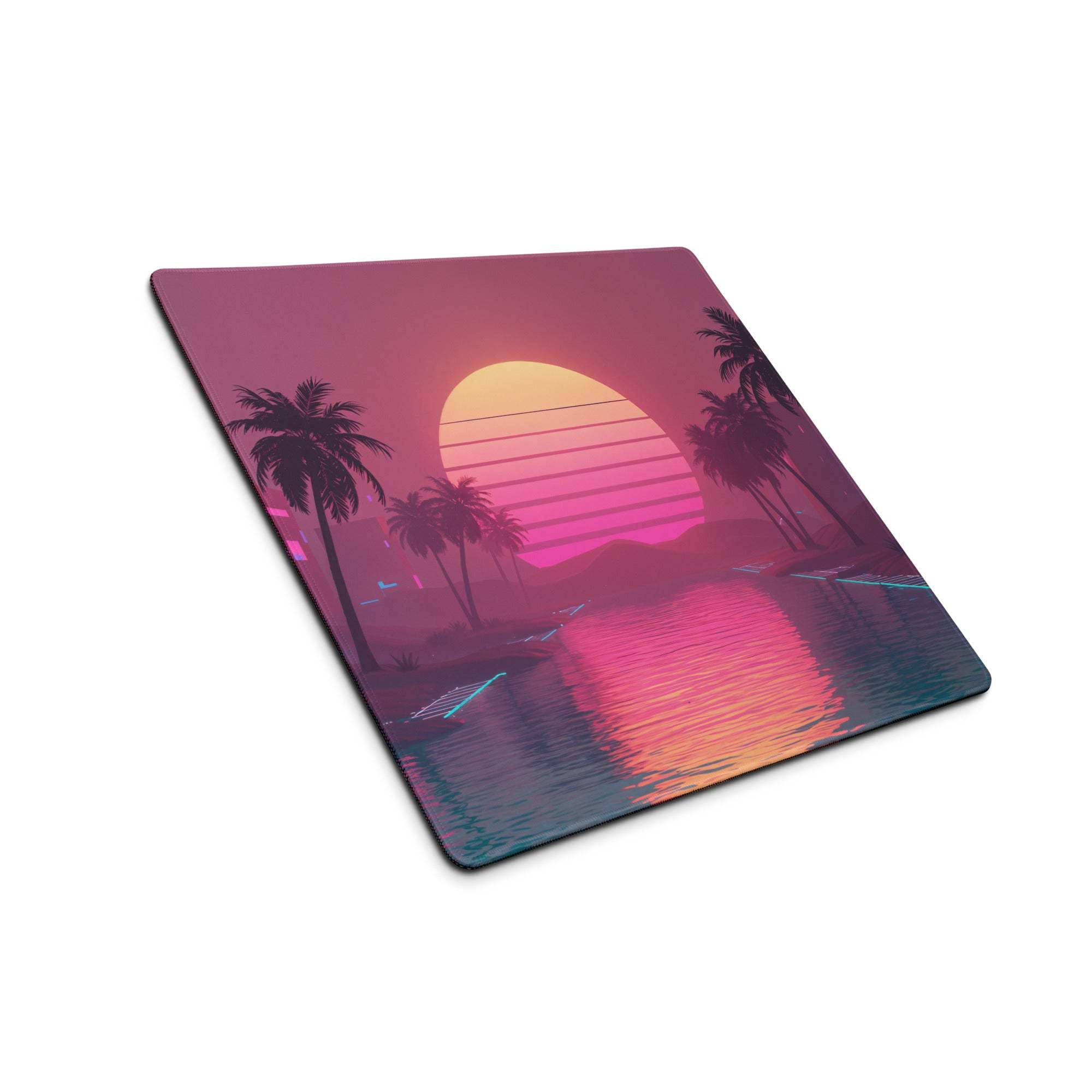Neon vaporwave sunset palms large gaming mouse pad with rubber base