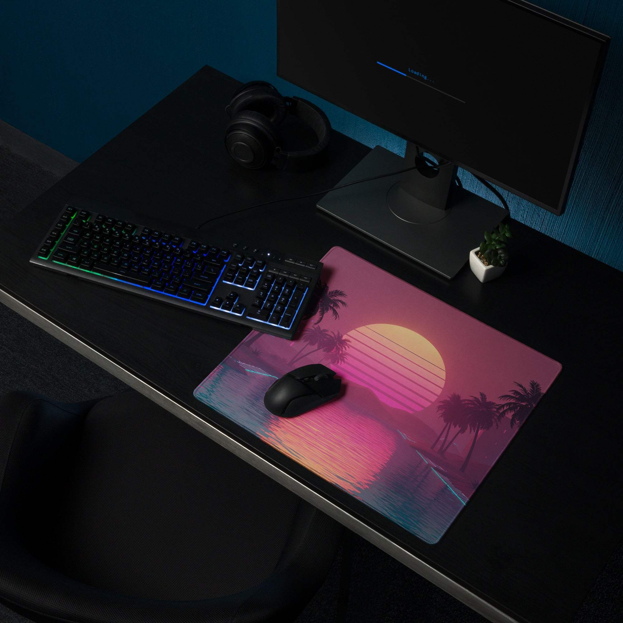 Neon vaporwave sunset palms large gaming mouse pad with rubber base