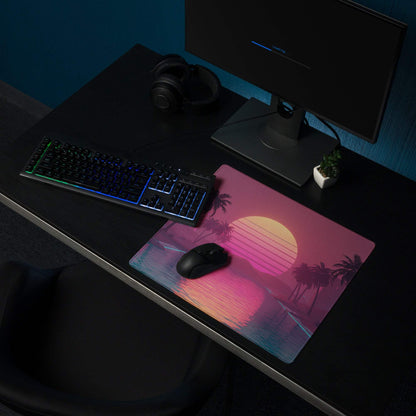 Neon vaporwave sunset palms large gaming mouse pad with rubber base