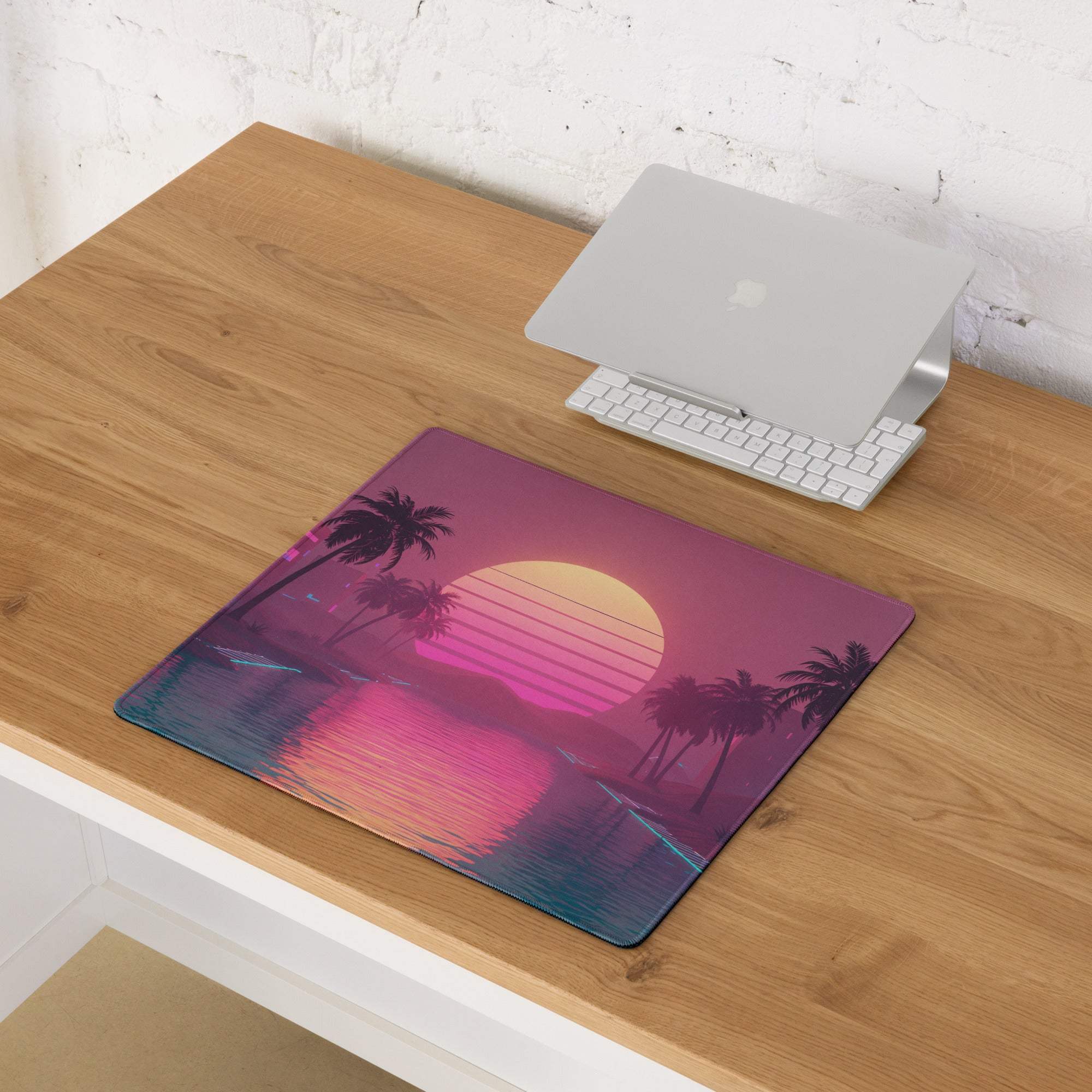 Neon Vaporwave Sunset Palms large gaming mouse pad with vibrant retro sunset and palm trees