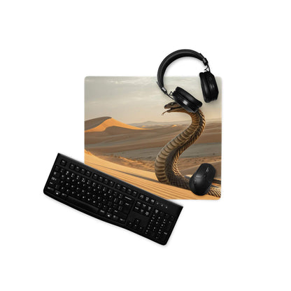 Black keyboard and mouse on Epic Desert Cobra gaming pad with snake design
