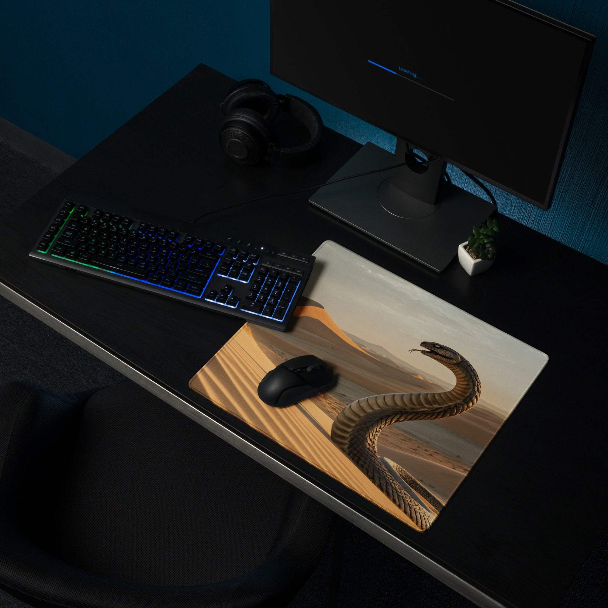 Epic Desert Cobra gaming mouse pad with coiled snake on dunes