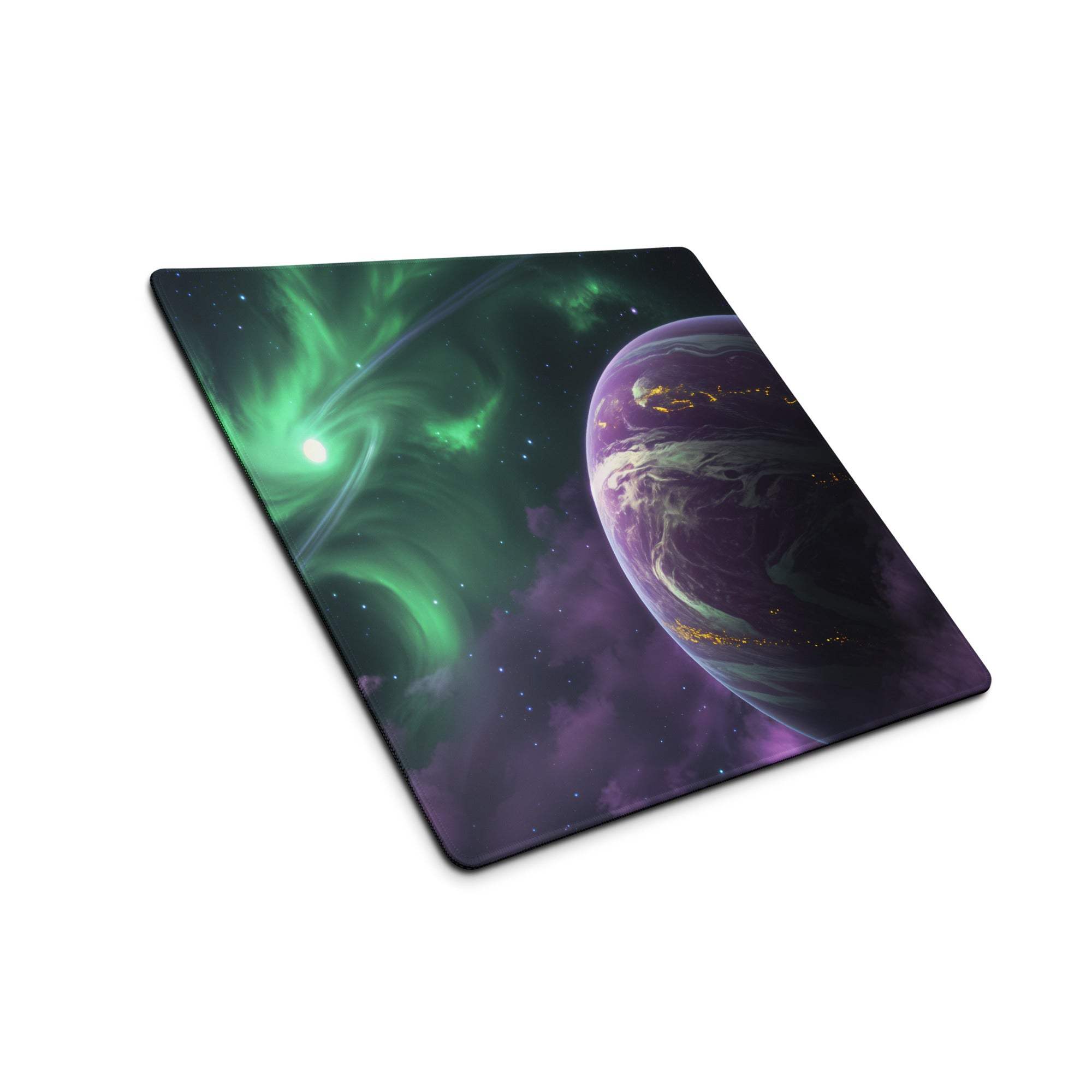 Large cosmic gaming mouse pad with green auroras, purple planet, starry sky, non-slip base