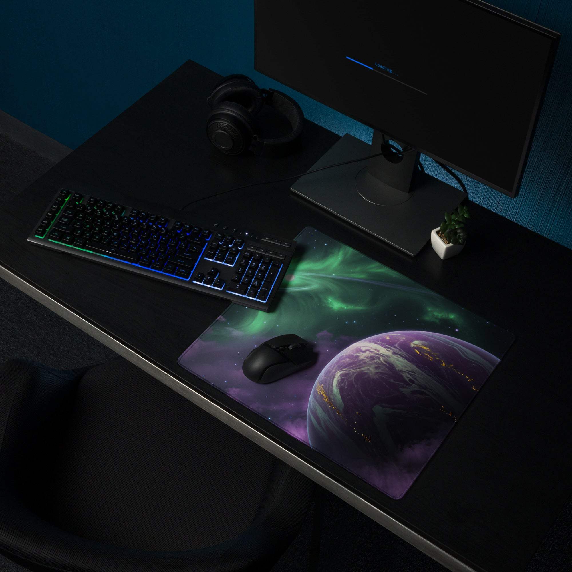 Large cosmic earth gaming mouse pad with glowing auroras, non-slip base