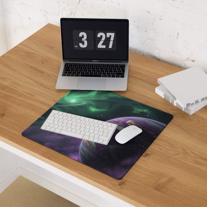 Cosmic green purple nebula planet gaming mousepad under white keyboard mouse