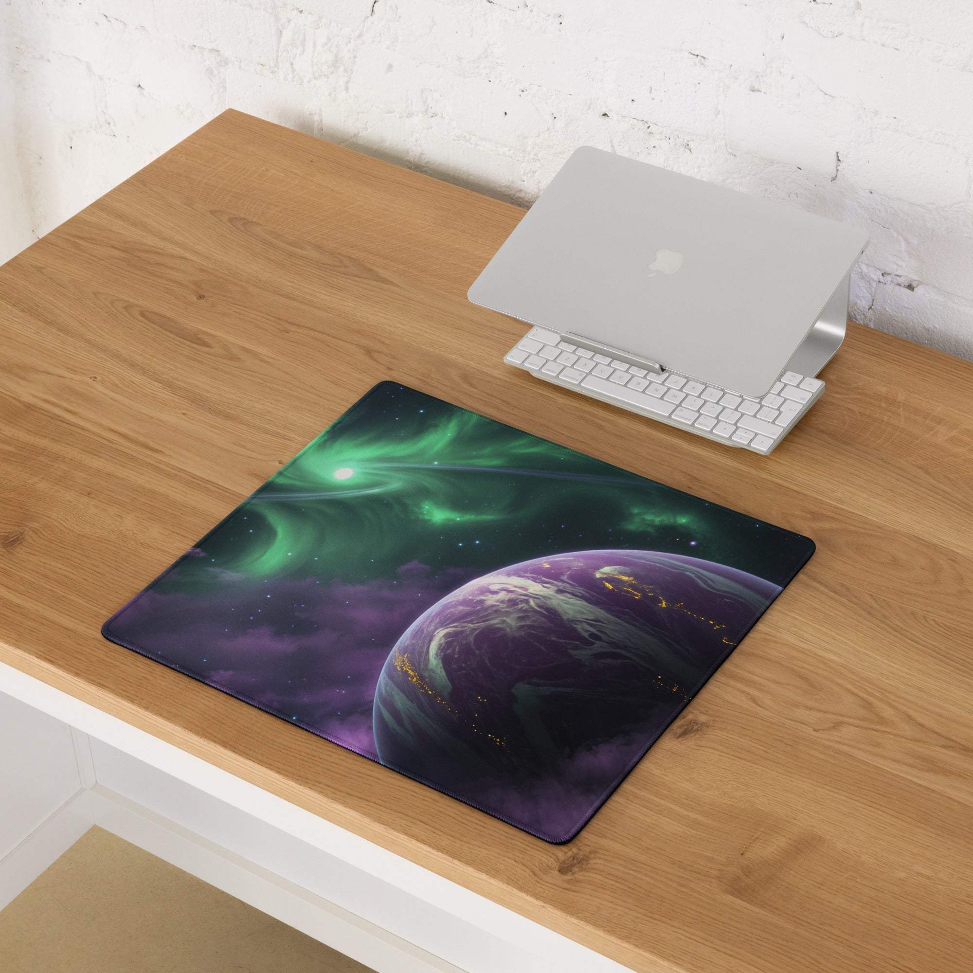 Large cosmic gaming mouse pad with green auroras, purple planet, non-slip base
