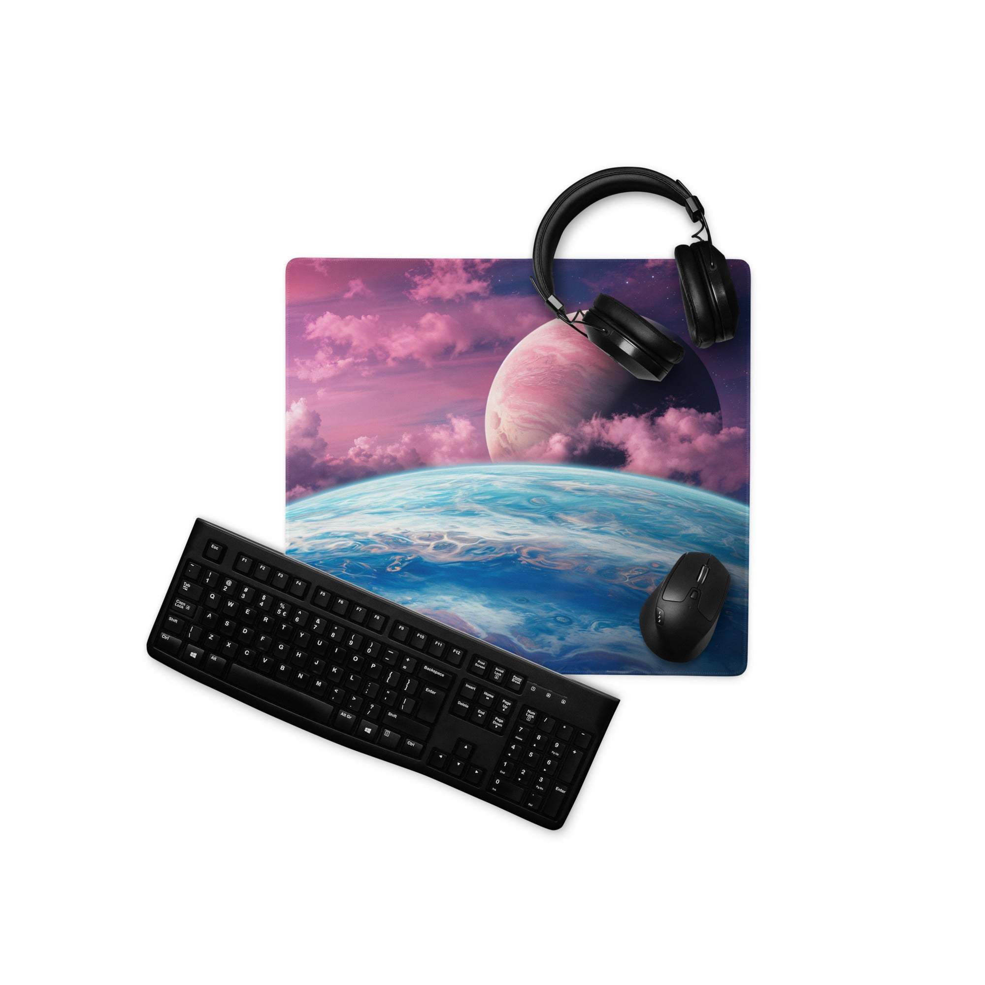 Cosmic space gaming mouse pad with pink purple nebula blue planet scene