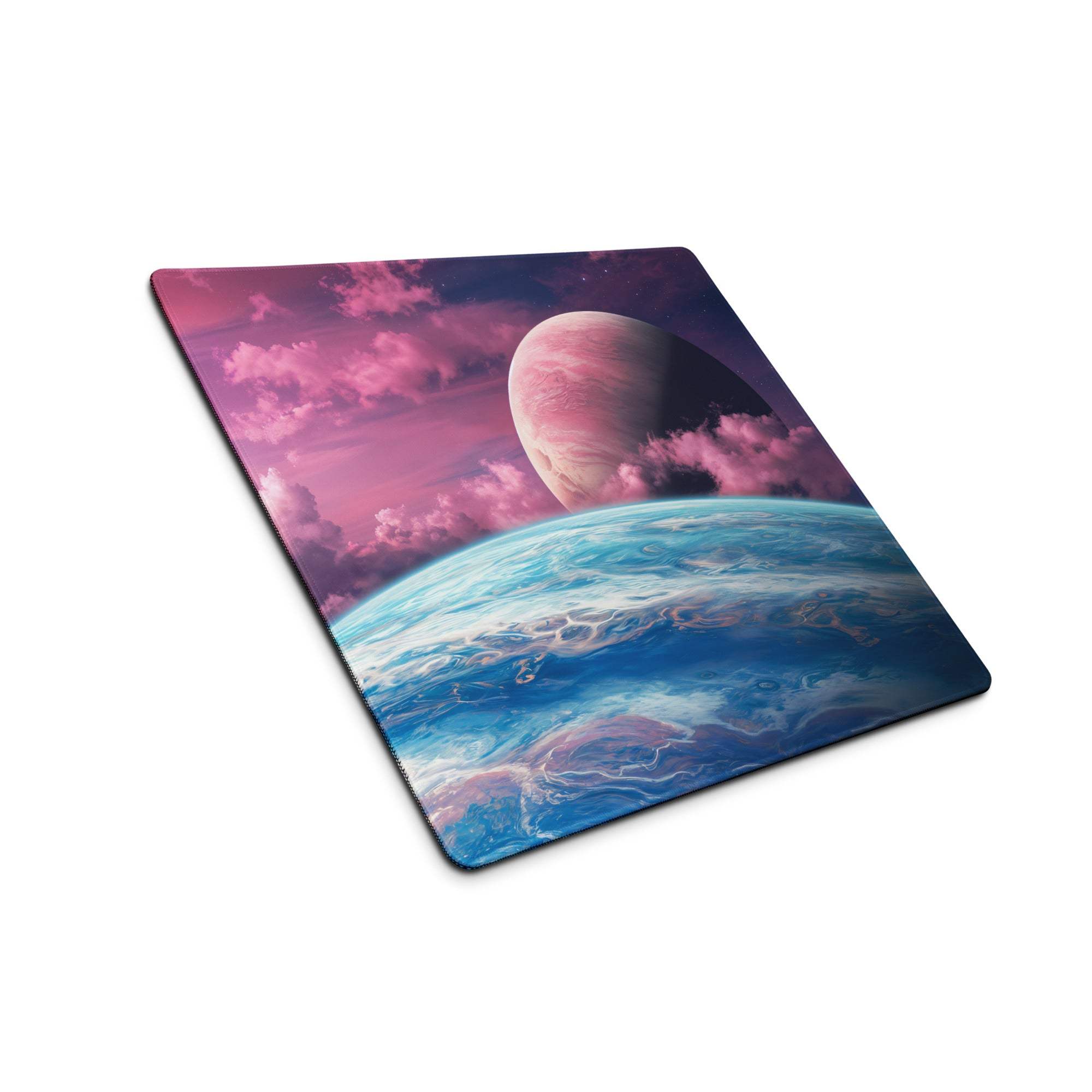 Cosmic space scene gaming mouse pad with pink blue nebula planet landscape
