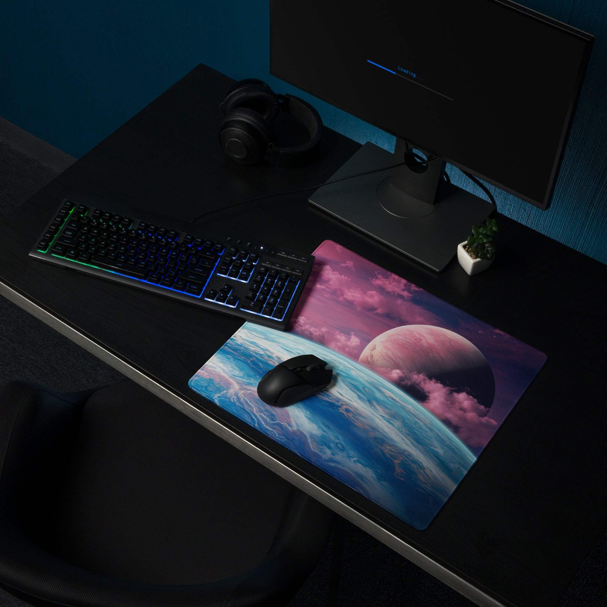 Vibrant cosmic gaming mouse pad with Earth, pink blue nebula, planets