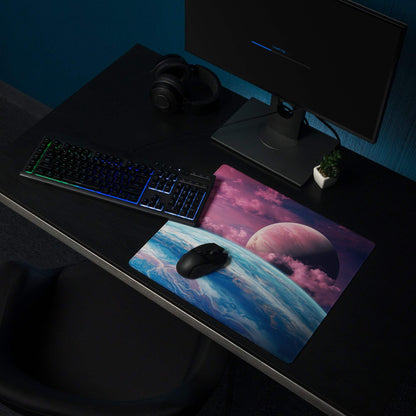 Vibrant cosmic gaming mouse pad with Earth, pink blue nebula, planets