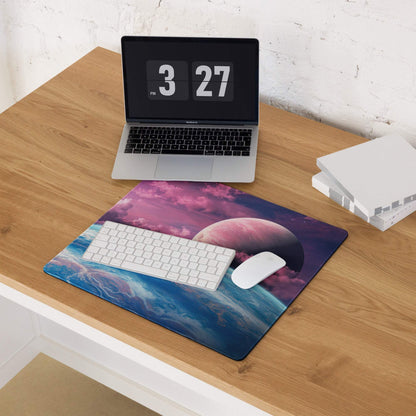 Cosmic space scene gaming mousepad with vibrant pink blue nebula planet
