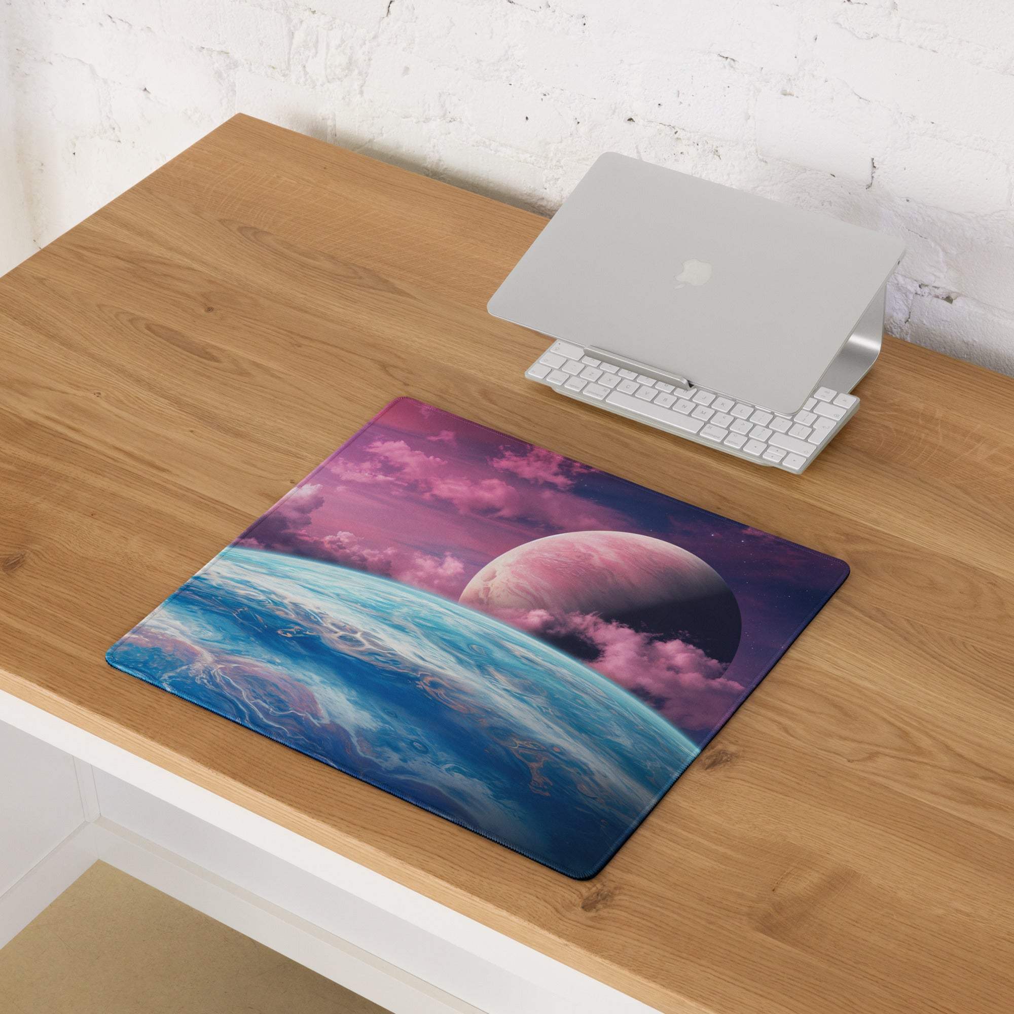 Cosmic space gaming mouse pad with pink blue nebula planet landscape