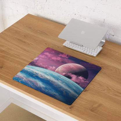 Cosmic space gaming mouse pad with pink blue nebula planet landscape