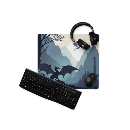 Dark blue fantasy dragon landscape gaming mouse pad with non-slip base