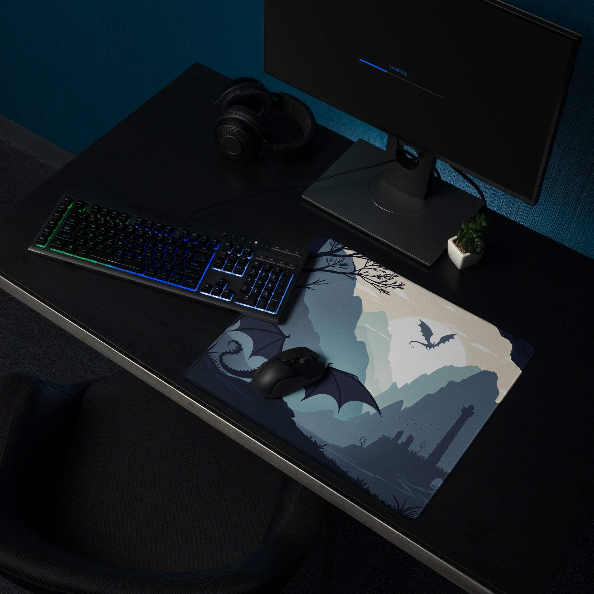 Dark blue fantasy dragon landscape gaming mouse pad with non-slip base
