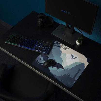 Dark blue fantasy dragon landscape gaming mouse pad with non-slip base