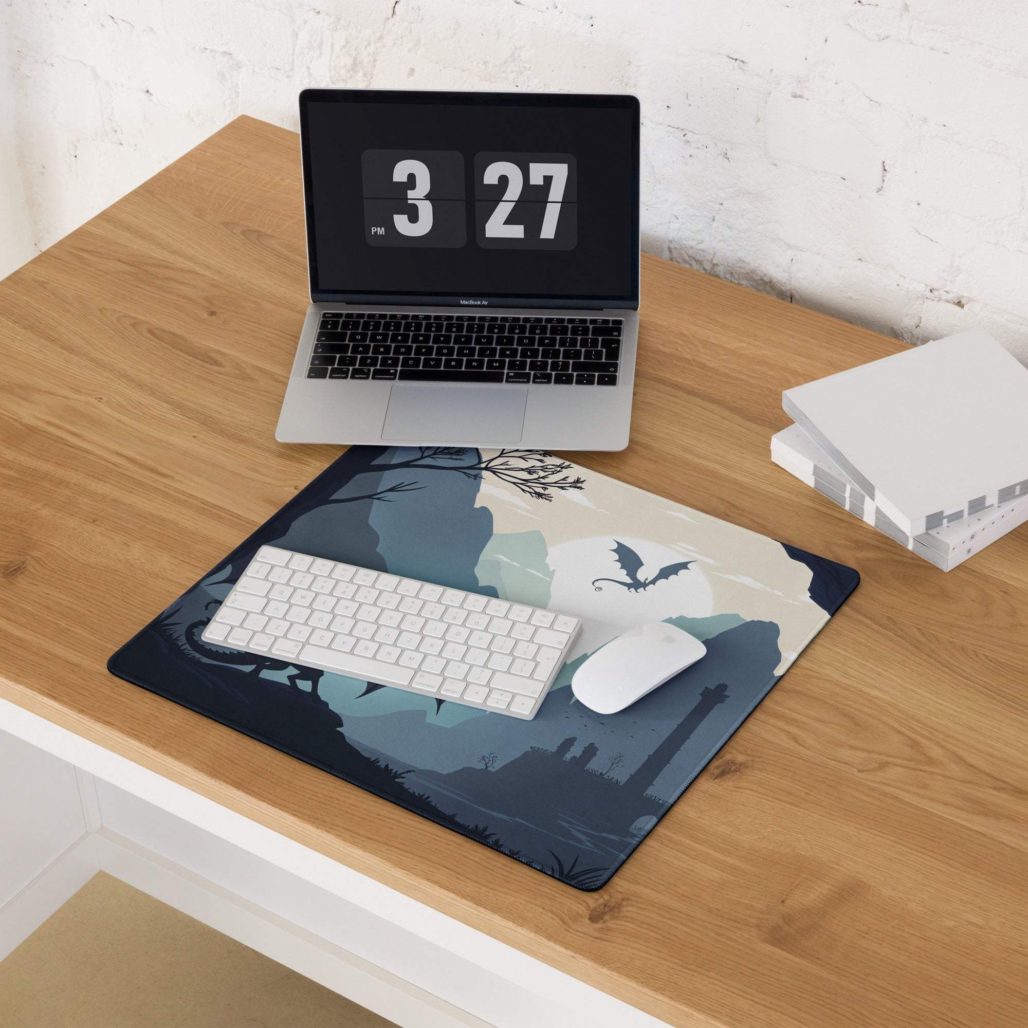 Dark blue fantasy dragon landscape gaming mouse pad with bat silhouette