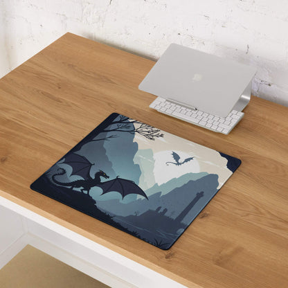 Dark blue fantasy dragon landscape gaming mouse pad with non-slip base