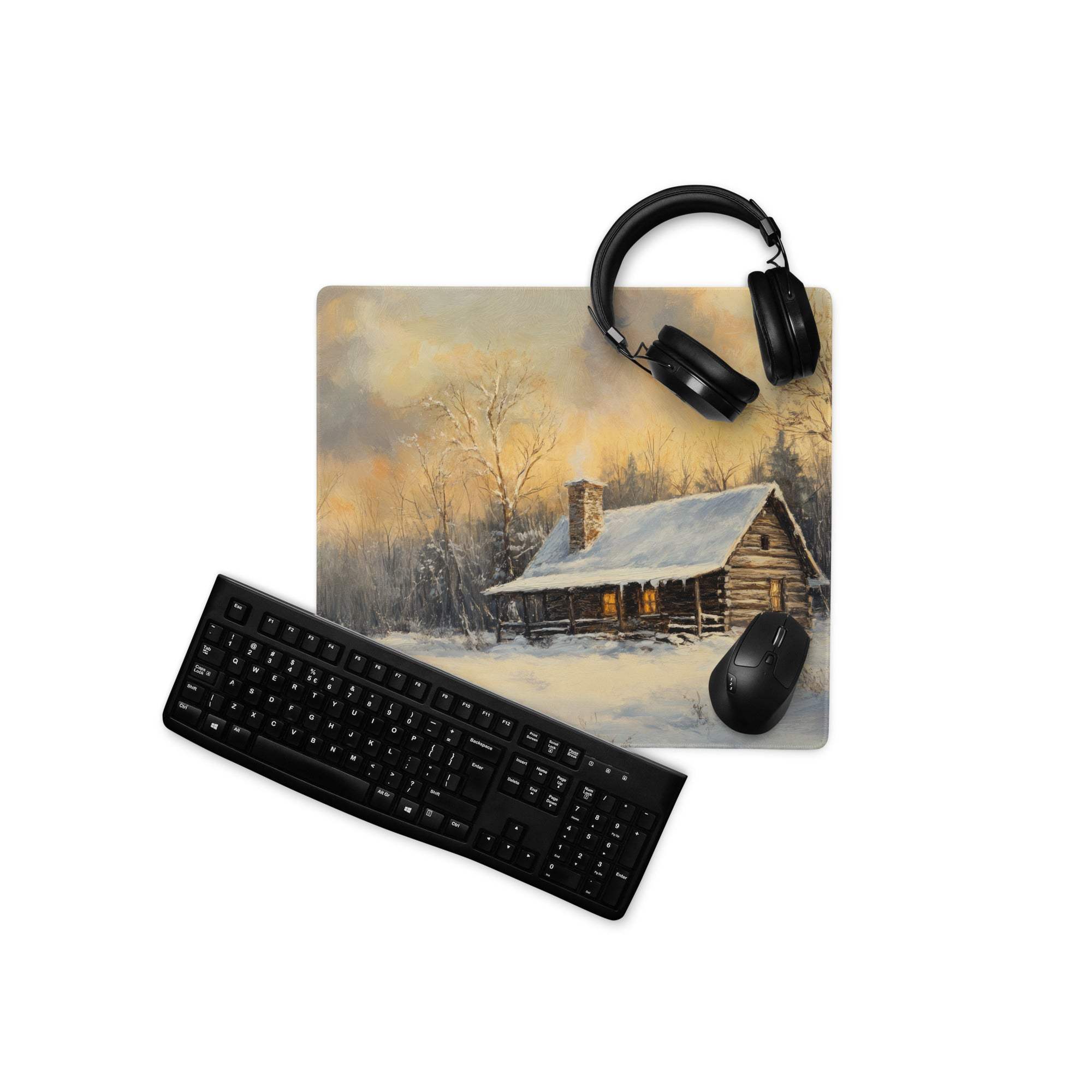 Black wireless QWERTY keyboard on impressionist winter cabin mouse pad