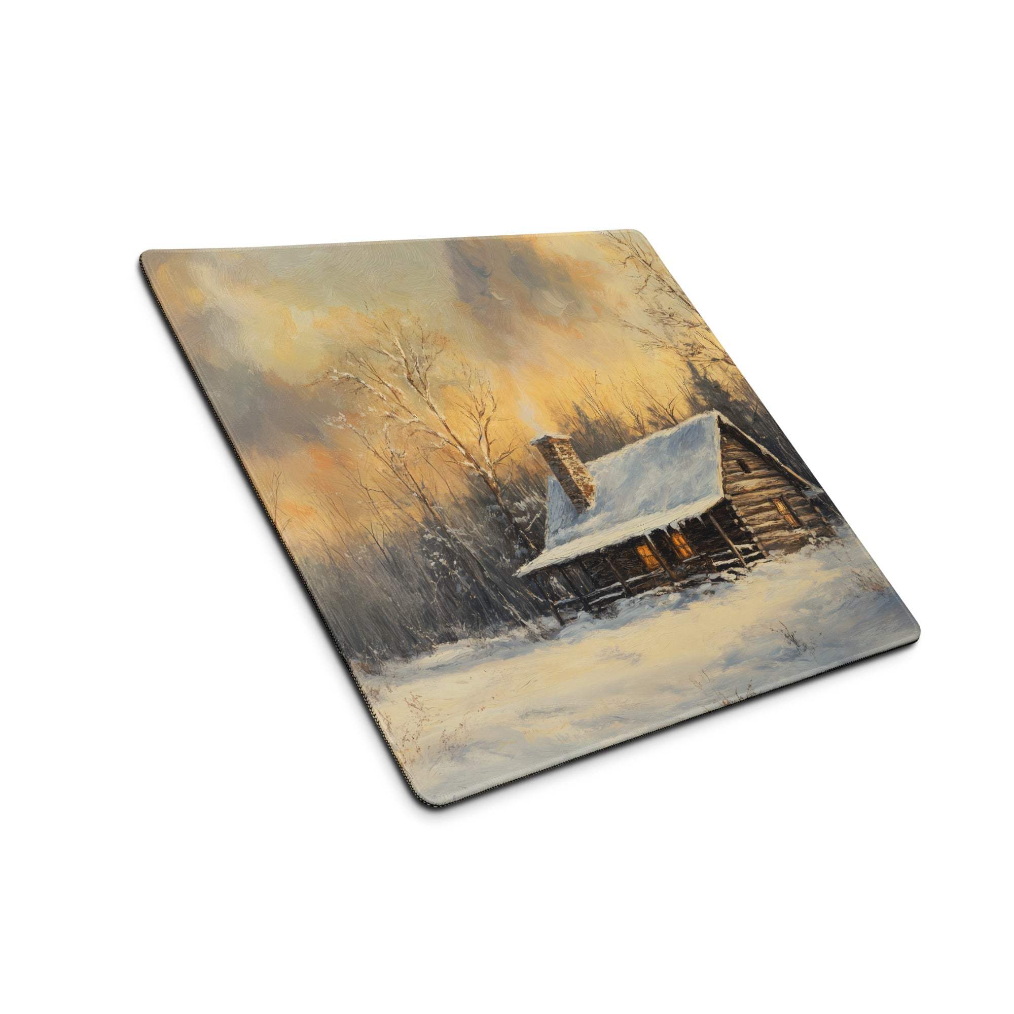 Square impressionist winter cabin mouse pad with sunset glow and snow