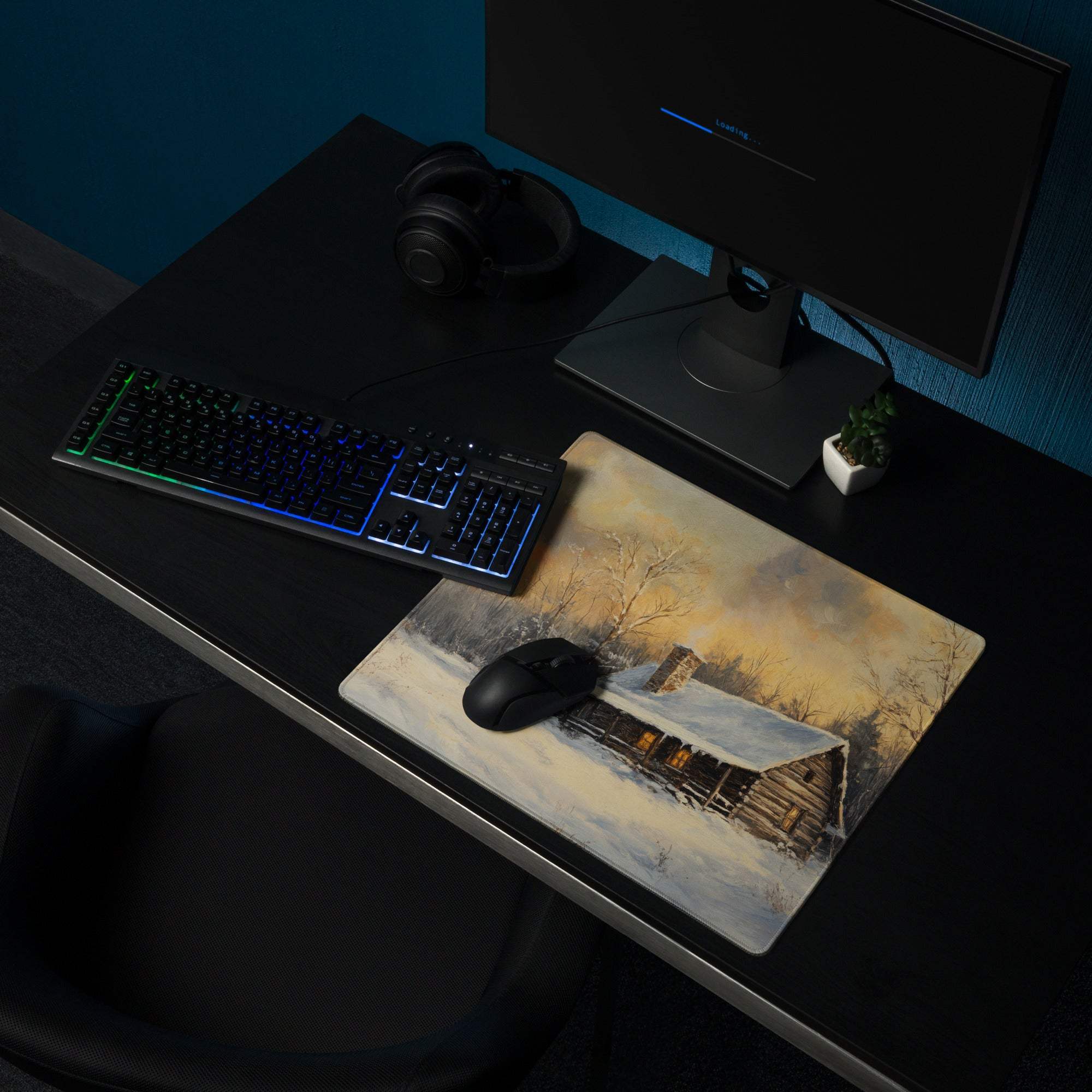 Impressionist winter cabin gaming mouse pad with sunset glow and snow
