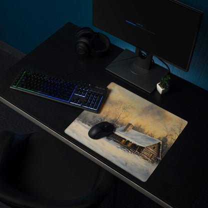 Impressionist winter cabin gaming mouse pad with sunset glow and snow