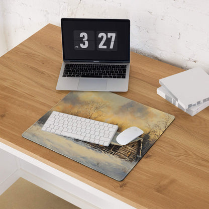 Impressionist winter cabin gaming mouse pad with sunset glow and snowy forest