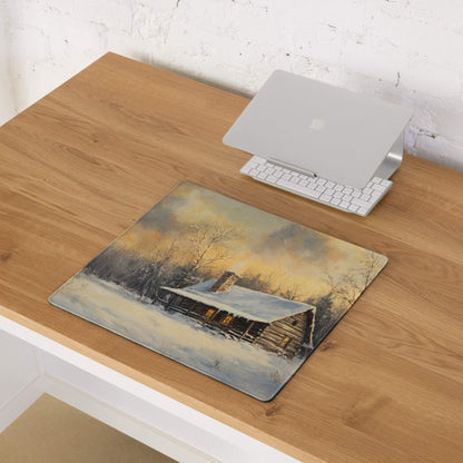 Impressionist winter cabin gaming mouse pad with sunset glow and snow