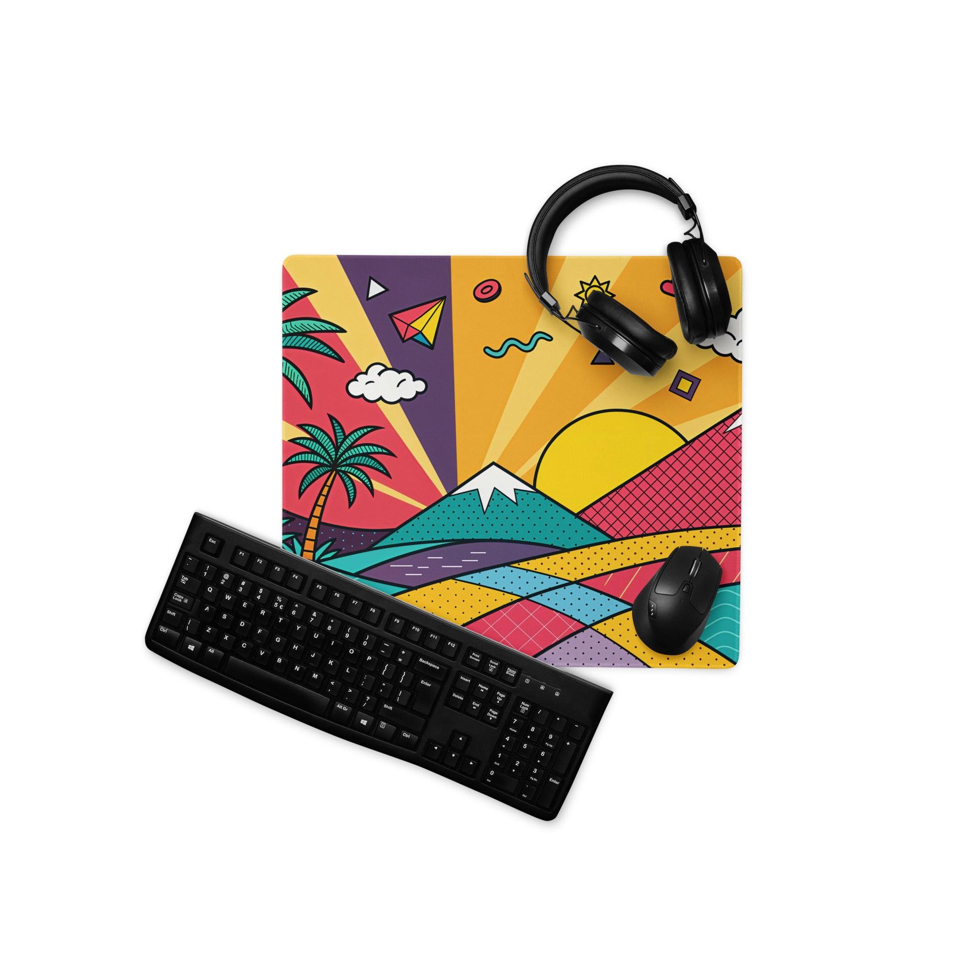 Vibrant pop art tropical sunset gaming mouse pad with palm trees and non-slip backing