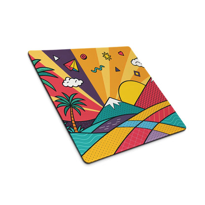 Vibrant pop art tropical sunset gaming mouse pad with geometric coaster design