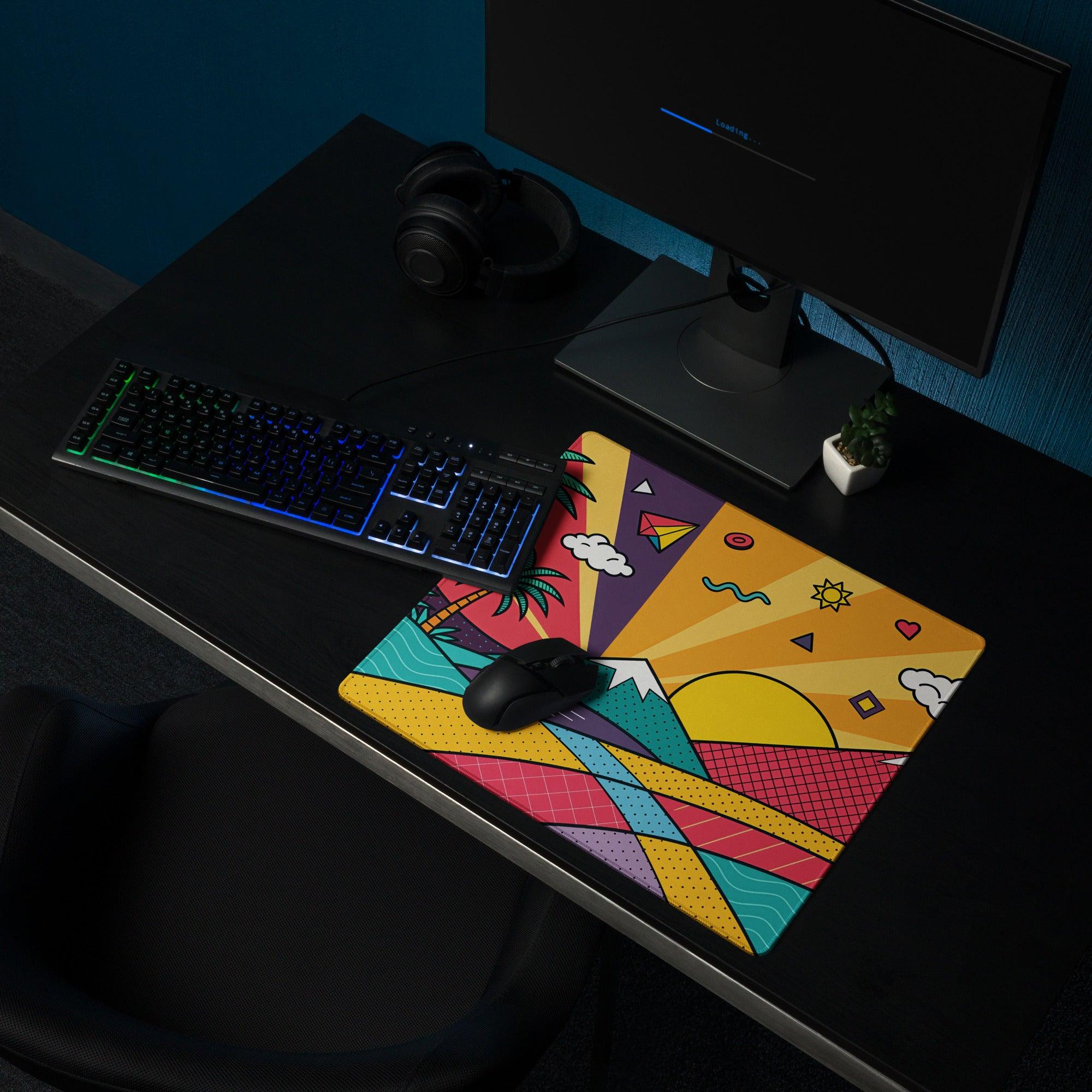Pop art tropical sunset gaming mouse pad with vibrant geometric patterns