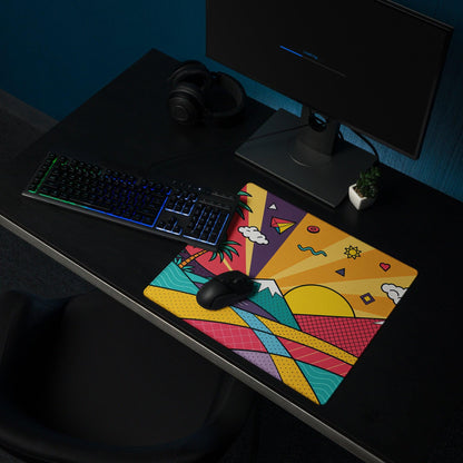 Pop art tropical sunset gaming mouse pad with vibrant geometric patterns