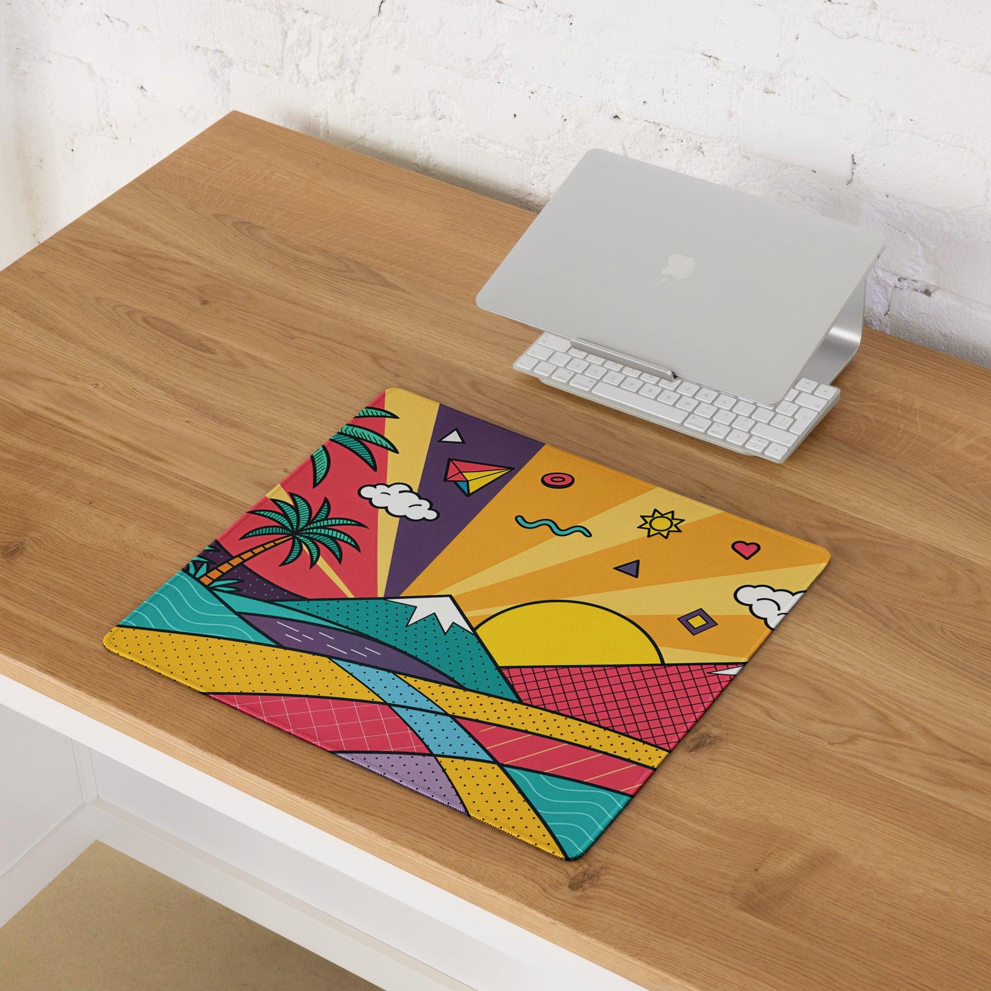Vibrant pop art tropical sunset gaming mouse pad with palm trees mountains sun