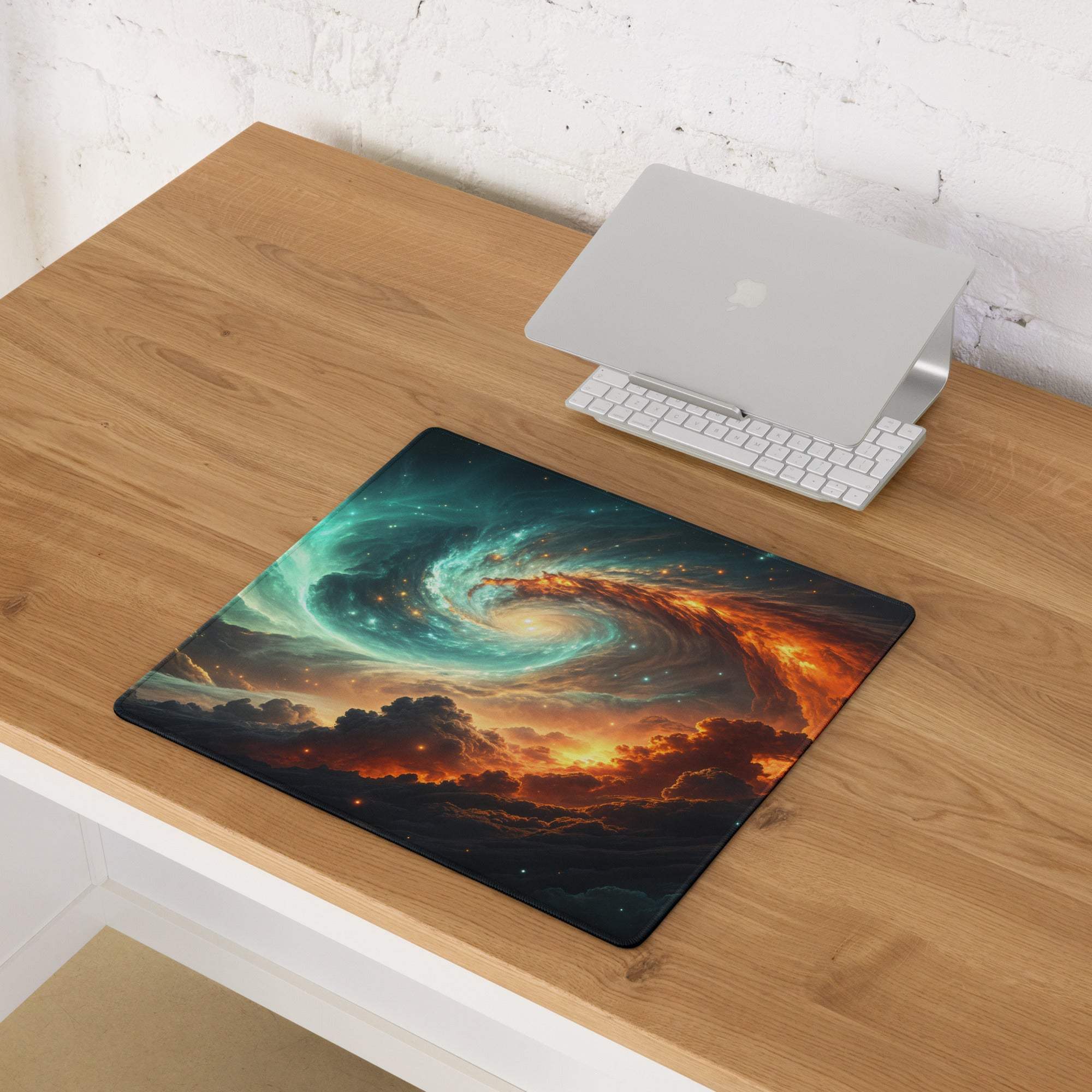 Epic Cosmic Swirl gaming mouse pad with vibrant teal orange nebula design
