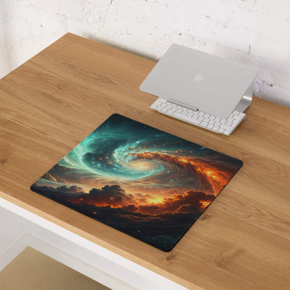 Epic Cosmic Swirl gaming mouse pad with vibrant teal orange nebula design