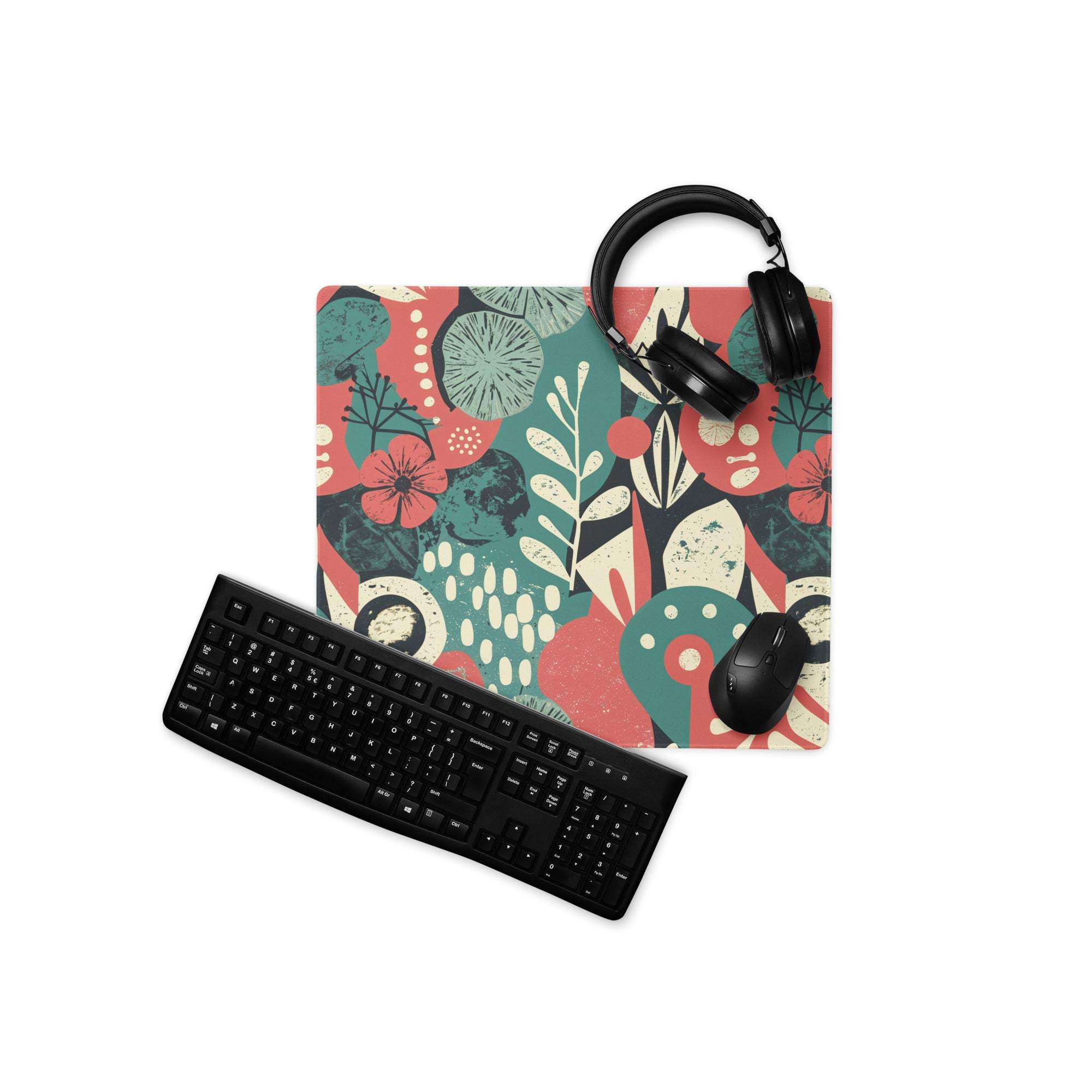 Vibrant floral abstract gaming mouse pad in coral pink, teal, cream with non-slip base