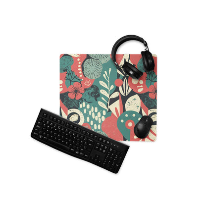 Vibrant floral abstract gaming mouse pad in coral pink, teal, cream with non-slip base
