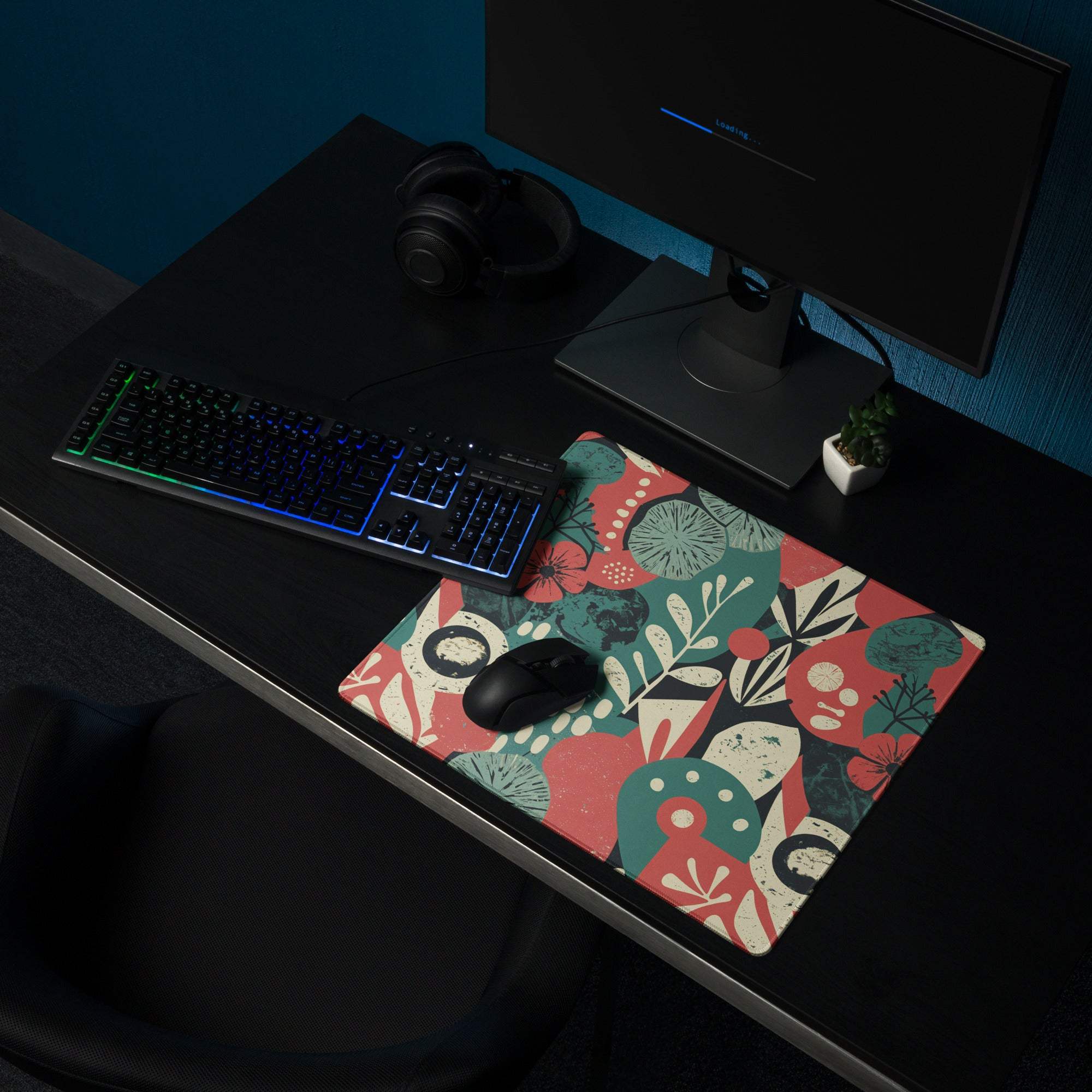 Vibrant floral abstract gaming mouse pad with red teal cream patterns, large non-slip base